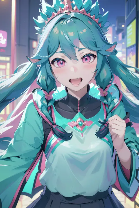 anime style, maniacal laughter, (nude:-1), (close-up, cowboy shot:-1), full body, 1girl, woman, peach skin, Papaya fairy princess, see-through gossamer, bombshell hair, matte azure hair, hair over one eye,Diffused Curls, thick thighs, narrow waist, japanese, (noon, architecture, overgrown bathhouse:1.3)'