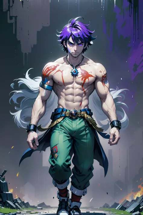 male, masculine, rough digital painting, (full body:1.2), 1boy, man, solo, [:formal costume design,:0.2] demolitionist, caucasian, purple hair, (chubby:1.1) build, simple background, moba character concept art, epic,soaring scifi arcology at the end of the multiverse