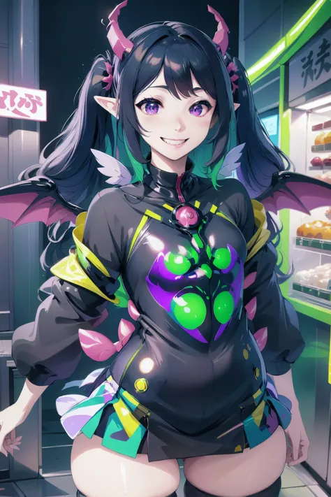 anime style, smiling, (nude:-1), full body, 1girl, woman, (conversational Nuclear:1.3) succubus, wings, full body, [:colorful, casual costume design,:0.2], bombshell hair, black hair, hair bobbles, (small breasts:1.5), wide hips, narrow waist, tall, athletic thicc slim perfect hourglass figure,, japanese, (warmly lit interior, in a general store:1)