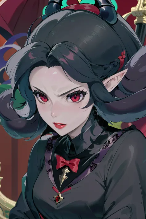 anime style, haughty, (nude:-1), (close-up, cowboy shot:-1), full body, 1girl, woman, evil queen, (red lipstick:1.3), bombshell hair, black hair, Long Layers, toned body, athletic build, narrow waist, medium breasts, chinese, (morning, scenery, in a Griffin's Cliff:1.3)'