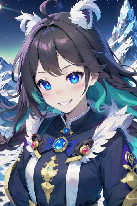 anime style, smiling, (nude:-1), (close-up, cowboy shot:-1), full body, 1girl, woman, grinning desert viking huntress, (muscular:1), sexy armor, (warpaint:1.4), bright brown hair, Fishtail Braid, arm hug, bombshell hair, iridescent peach hair with blue-grey highlights, short hair, thicc athletic build, medium breasts, caucasian, (noon, blue sky, clouds, scenery, in a Lunar Mountain Ranges:1.3)'