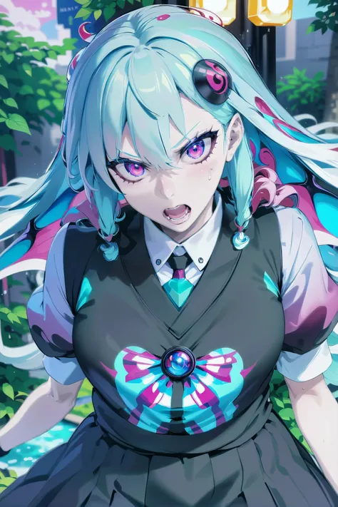 anime style, angry, (nude:-1), (close-up, cowboy shot:-1), full body, 1girl, woman, priestess, casting spell, bombshell hair, bright ultraviolet hair, parted bangs,Pageboy Cut, thicc hourglass figure, small breasts, albino, (great fantasy metropolis at the beginning of the multiverse:1.3)'