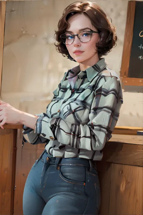 <lora:bzl:0.8> <lora:vintagestyle:1.0>, bzl_test, vintage photograph of a woman, flannel shirt, jeans, glasses, (grey|blue|green) eyes, brown curly bob haircut, (freckles:0.4) || masterpiece, perfect quality, sharp focus, shallow depth of field, 8k