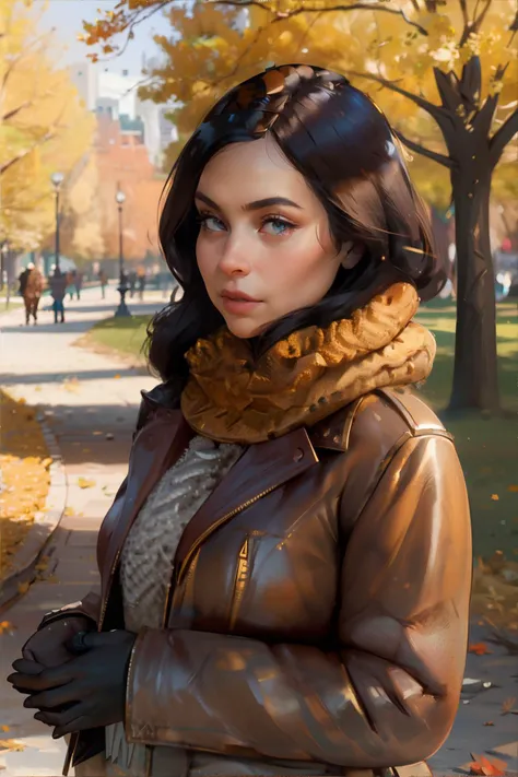<lora:vintagestyle:1.0>, vintage photograph of a woman wearing leather sherpa lined jacket, knit scarf, city park in autumn, piles of autun leaves, golden sunlight, (Burnt Sienna, Rust, Charcoal) || masterpiece, perfect quality, sharp focus, shallow depth of field, 8k