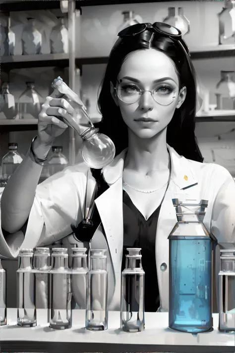 <lora:vintagestyle:1.0>, vintage photograph, female alchemist at work, steampunk laboratory, lab coat, beakers and bottles || masterpiece, perfect quality, sharp focus, shallow depth of field, 8k