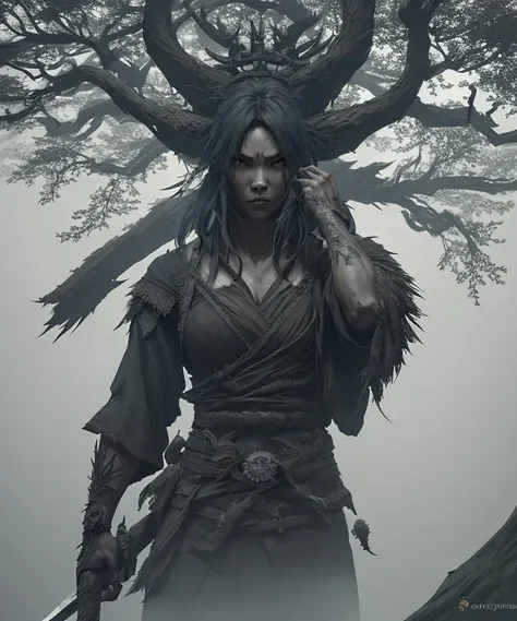 (inspired by guweiz, inspired by Steve Argyle, artstation : 0.6),a scary warrior , alone in a forest, physically based render, ( intricate and detailed, soft contrast color palette : 0.5)