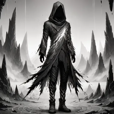 ShatteredCloth,solo,1boy,standing,monochrome,full body,greyscale,male focus,hood,torn clothes,facing viewer,hood up,mountain,shattered effect on clothes,dark cloak,no face,no human,face hidden<lora:add-detail-xl:0.8> <lora:ShatteredCloth:0.6>