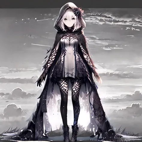 score_9, score_8_up, score_7_up,
ShatteredCloth,1girl,solo,breasts,looking at viewer,short hair,bangs,detailed hands,hair ornament,gloves,dress,hair between eyes,closed mouth,standing,full body,flower,white hair,pantyhose,boots,outdoors,sky,black gloves,cloud,hood,black footwear,grey eyes,expressionless,cloudy sky,cloak,hood up,arms at sides,hooded cloak,black flower,shattered effect on pantyhose,
<lora:ShatteredClothPony:1>