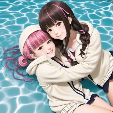 <lora:watercaustics:1.0>, watercaustics, reflecting, !, 6+girls, ahoge, animal, asymmetrical hair, bare legs, blonde hair, blunt bangs, blunt ends, bob cut, braid, braided bun, breasts, brown hair, cardigan, cat, closed mouth, dated, everyone, freckles, gradient hair, grin, gyaru, hair between eyes, hair bun, hair ornament, hair ribbon, hairpin, hand on another's head, hand on another's thigh, hand to own mouth, hanpen \(nijigasaki\), happy, hood, hoodie, hug, hug from behind, index finger raised, large breasts, laughing, light brown hair, long hair, low twin braids, lying, lying on lap, medium breasts, medium hair, multicolored hair, multiple girls, nijigasaki academy school uniform, on side, one side up, open mouth, orange hair, partially submerged, pink hair, ponytail, pool, rainbow, ribbon, school uniform, short hair, short ponytail, sidelocks, signature, single side bun, sitting, small breasts, smile, soaking feet, streaked hair, swept bangs, twin braids, twintails, water, water drop, wavy hair, white fur, yellow cardigan, headpat