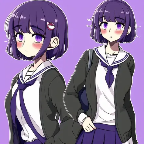 <lora:powtaytow3333:1>, powtaytow3333, cartoon, background, 1girl, bag, blush, cardigan, cowboy shot, dot mouth, grey serafuku, hair ornament, hairclip, hand on hip, high collar, highres, puckered lips, purple hair, purple neckerchief, sailor collar, school bag, school uniform, serafuku, short hair, simple background, solo, thought bubble, undershirt, uniform, violet eyes, white background