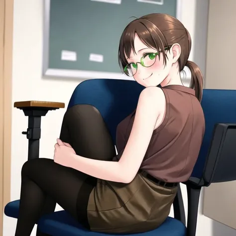 <lora:fetal_position2:1.0> , fetal position,  bent legs,   1girl, bare shoulders, blurry, blurry background, blush, brown-framed eyewear, brown hair, brown legwear, brown skirt, chair, closed mouth, depth of field, from behind, glasses, green eyes, holding, looking at viewer, looking back, office chair, office lady, on chair, pantyhose, pencil skirt, ponytail, shirt, sitting, skirt, sleeveless, sleeveless shirt, smile, solo, white shirt