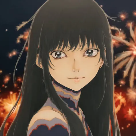 masterpiece, Best Quality, (crazy eyes:1.2), (Crazy smile:1.15), (shaded face:1.15), mature female, night、Fireworks Yandere, yandere trance,White clean skin、 empty eyes, Red eyes, Half-closed eyes, wide-eyed, Film Grain, Dark hair, Long hair、hair over one eye、I'm wearing a yukata、