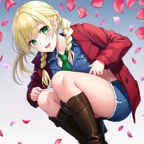 <lora:fetal_position2:1.0> , fetal position, bent legs, 1girl, bandeau, bangs, belt, blonde hair, boots, braid, breasts, cleavage, denim, denim shorts, french braid, green eyes, hair between eyes, jacket, jacket removed, long hair, looking at viewer, medium breasts, navel, necktie, open mouth, petals, ponytail, red jacket, scrunchie, shorts, simple background, smile, solo, squatting, thighs, waist, white background