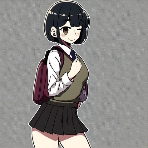 <lora:powtaytow3333:1>, powtaytow3333, cartoon, background, 1girl, ;d, annoyed, backpack, bag, bangs, black hair, brown eyes, clenched hand, closed mouth, full body, highres, looking at viewer, necktie, one eye closed, pleated skirt, school uniform, short hair, skirt, smile, solo, standing, sweater, sweater vest