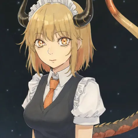 <lora:puparia2:1.0> , puparia, painting, 
<lora:dragongirl-1_dragongirl-2__dragongirl-3_dragongirl-4--retro_ham_avas_jun_rifl--09-01:1.2>, (dragon girl:1.2), dragon horns, tail, 1girl, apron, bangs, blonde hair, breasts, dragon girl, dragon horns, dragon tail, gloves, horns, large breasts, looking at viewer, maid, maid headdress, necktie, one eye closed, open mouth, orange eyes, shirabe shiki, shrugging, simple background, solo, tail, white background