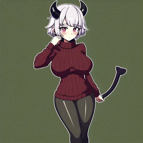 <lora:powtaytow3333:1>, powtaytow3333, cartoon, background, 1girl, black horns, black suit, black tail, blush, breasts, demon girl, demon horns, demon tail, formal, heart, heart-shaped pupils, highres, horns, large breasts, looking at viewer, medium hair, pantyhose, red legwear, red sweater, ribbed sweater, solo, suit, sweater, symbol-shaped pupils, tail, white background, white hair