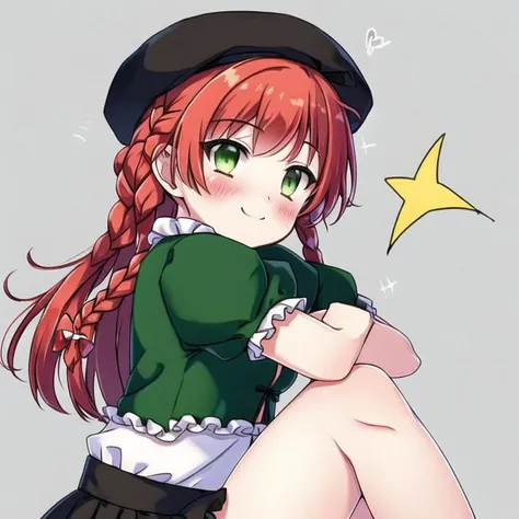 <lora:fetal_position2:1.0> , fetal position,  bent legs,   1girl, bangs, beret, black bow, black neckwear, black ribbon, blush, bow, braid, breasts, dated, eyebrows visible through hair, fighting stance, frilled shirt collar, frills, green eyes, green headwear, grey background, hair bow, hat, long hair, looking at viewer, medium breasts, neck ribbon, puffy short sleeves, puffy sleeves, redhead, ribbon, shirt, short sleeves, simple background, smile, solo, star, twin braids, upper body, v-shaped eyebrows, white shirt, >:\)