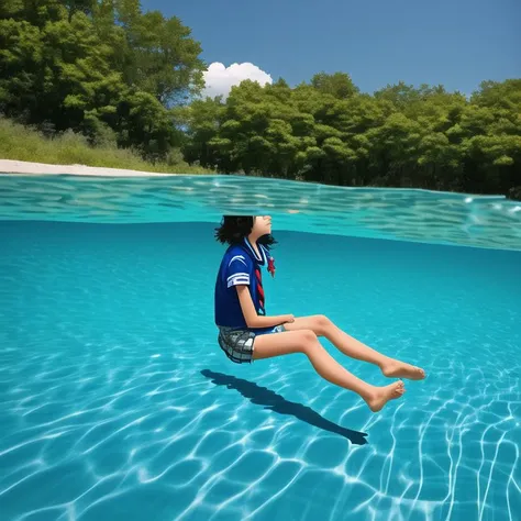<lora:watercaustics:1.0>, watercaustics, reflecting, 1girl, artist name, barefoot, blue sailor collar, blue sky, brown hair, building, chain-link fence, day, fence, highres, neckerchief, outdoors, partially underwater shot, pool, red neckerchief, sailor collar, school uniform, serafuku, short hair, short sleeves, signature, sitting, sky, soaking feet, solo, symbol-only commentary, tree, water, watermark