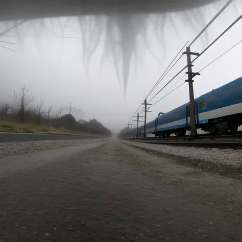 <lora:catpov:1>, catpov, background, foreground, from below,
a foggy morning with a train on the tracks and street lights on the street and a bus on the road