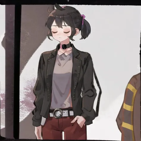 <lora:Ajura_Sashimi:1> 2girls, ahoge, arm behind back, ayakadegozans, belt, belt buckle, black belt, black choker, brown jacket, buckle, choker, clenched hands, closed mouth, clouds, day, floating hair, from side, highres, jacket, letterboxed, logo, mountain, multiple girls, outdoors, pokemon: hisuian snow, ponytail, short hair, sky