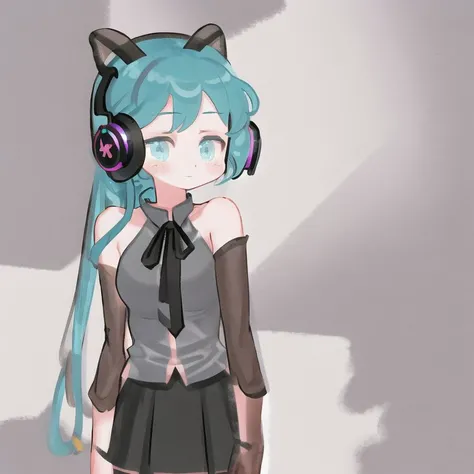 <lora:Ajura_Sashimi:1> 1girl, 39, 39 \(vocaloid\), aqua eyes, aqua hair, aqua neckwear, bare shoulders, black skirt, black sleeves, detached sleeves, from side, grey shirt, hair ornament, headphones, headset, highres, long hair, looking at viewer, looking to the side, necktie, pleated skirt, re eva, shirt, shoulder tattoo, skirt, sleeveless, sleeveless shirt, solo, tattoo, triangle, twintails, upper body, very long hair