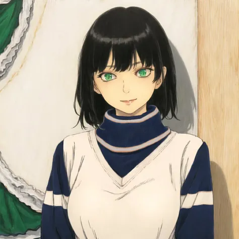 <lora:puparia2:1.0> , puparia, painting,
1girl, :d, bangs, beige sweater, blue sailor collar, breasts, fang, green eyes, large breasts, looking at viewer, medium breasts, neckerchief, open mouth, sailor collar, sidelocks, skin fang, sleeves past wrists, smile, solo, thick eyebrows, white background, white neckerchief
