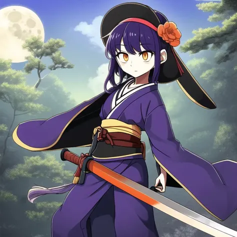 <lora:powtaytow3333:1>, powtaytow3333, cartoon, background, hat, japanese clothes, katana, kimono, moon, nature, nodachi, orange eyes, purple hair, sheath, sword, unsheathing, weapon