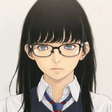 <lora:puparia2:1.0> , puparia, painting, 1girl, adjusting glasses, bangs, black hair, blue eyes, buttons, cardigan, glasses, headphones, long hair, long sleeves, looking at viewer, loose necktie, necktie, red-framed glasses, semi-rimless glasses, shirt, solo, toku 0012, white background, white shirt