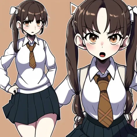 <lora:powtaytow3333:1>, powtaytow3333, cartoon, background, angry, biribiri, brown eyes, brown hair, electricity, fang, hair ornament, hair ribbon, hairclip, highres, multiple girls, pleated skirt, ribbon, school uniform, short hair, skirt, sweater vest, thigh strap, twintails