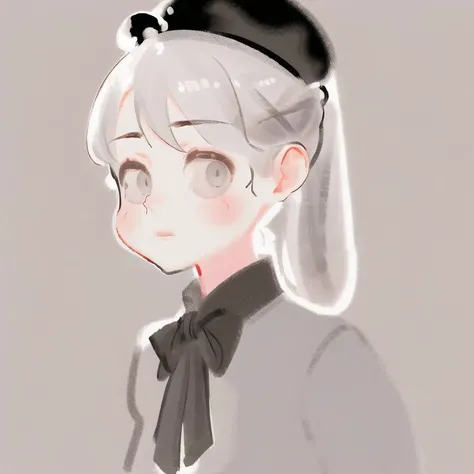 <lora:Ajura_Sashimi:1> 1girl, ascot, chain, cravat, from side, grey background, grey eyes, hair ribbon, hat, hat feather, helen2210hk, highres, long hair, looking at viewer, ponytail, ribbon, simple background, solo, tricorne, white hair