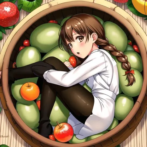 <lora:fetal_position2:1.0> , fetal position, bent legs, 1girl, apron, basket, boots, braid, brown eyes, brown hair, dress, food, fruit, highres, kelsuis, long hair, long sleeves, marc \(red barrel\), open mouth, pantyhose, solo