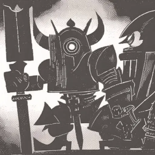 <lora:sovhobb2:1.0>, sovhobb, picture, cartoon, drawing,clenched hand, greyscale, head tilt, highres, holding, holding sword, holding weapon, lineart, looking at viewer, magnaboss, maximal, mecha, monochrome, no humans, science fiction, solo, sword, tusks, weapon