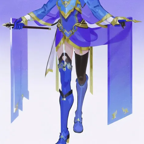 <lora:Ajura_Sashimi:1> 1girl, belt, blue eyes, blue hair, boots, cape, falchion \(fire emblem\), fingerless gloves, full body, gloves, gradient, gradient background, highres, holding, holding weapon, jewelry, long hair, long sleeves, sheath, simple background, solo, sword, thigh-highs, thigh boots, tiara, weapon