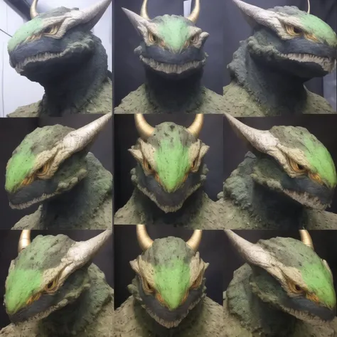 <lora:facegrid:1.0>, facegrid, series of photos of, multiple views, battle, city, claws, fire, highres, horn, kaijuu, monster, night, no humans, ruins