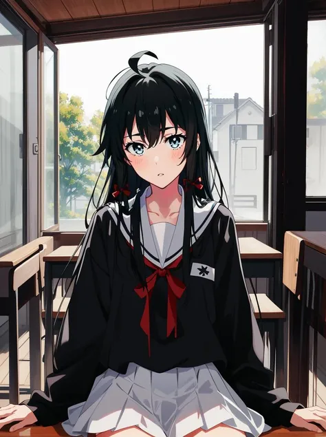 masterpiece, best quality, highres, absurdres, yukinoshita_yukino, 1girl, ahoge, black hair, aqua eyes, red ribbon, school uniform, sobu high school uniform, embarrassed, blush, upper body, <yukino <lora:Yukino-AOM3-LoCon-000013:0.8>