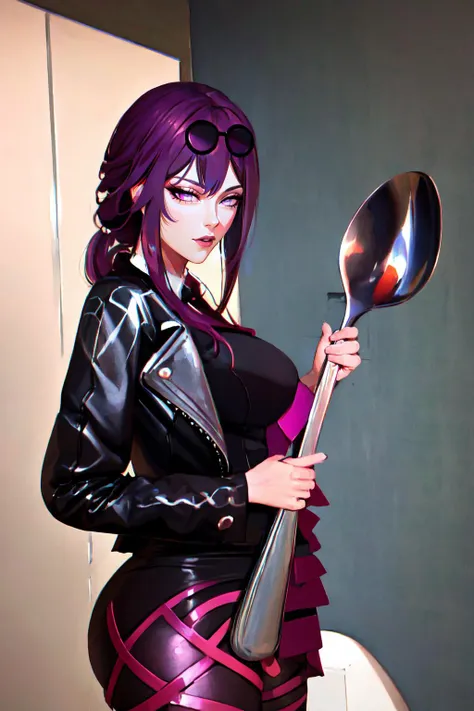 Highly detailed, High Quality, Masterpiece, beautiful, Kafka, <lora:Kafka:1>, 1girl, solo, jacket, purple eyes, ComicallyLargeSpoon, <lora:Pos_ComicallyLargeSpoon:1>