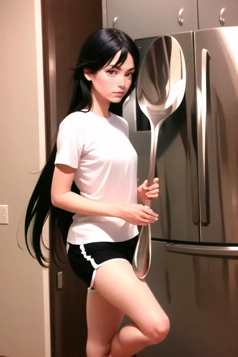 Highly detailed, High Quality, Masterpiece, beautiful, ComicallyLargeSpoon, <lora:ComicallyLargeSpoon:1>, 1girl, solo, black hair, red eyes, long hair, shirt, white shirt, shorts, short shorts, black shorts
