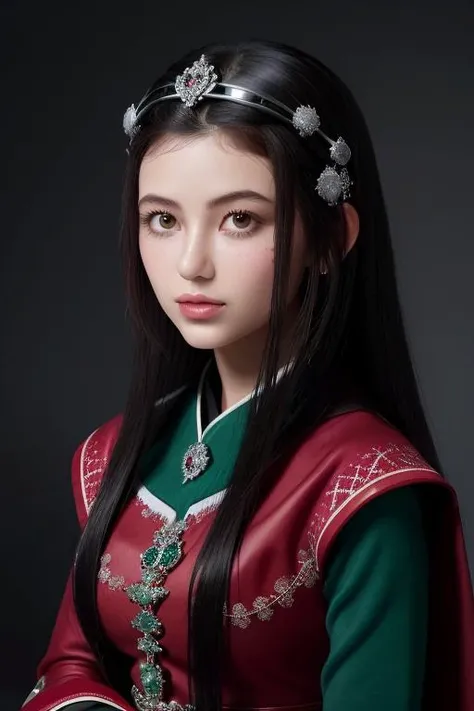 a beautiful empress portrait, black hair, perfect brown eyes, with a brilliant, impossible striking big Christmas headpiece, clothes Santa robes, everything Christmas, snow, symmetrical, dramatic studio lighting, rococo, baroque, greens, asian, hyperrealism, closeup, D&D, fantasy, intricate, elegant, highly detailed, digital painting, artstation, octane render, 8k, concept art, matte, sharp focus    <lora:00_NewJeans_Danielle-000008:1>