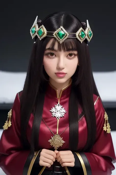 a beautiful empress portrait, black hair, perfect brown eyes, with a brilliant, impossible striking big Christmas headpiece, clothes Santa robes, everything Christmas, snow, symmetrical, dramatic studio lighting, rococo, baroque, greens, asian, hyperrealism, closeup, D&D, fantasy, intricate, elegant, highly detailed, digital painting, artstation, octane render, 8k, concept art, matte, sharp focus <lora:00_NewJeans_Danielle-000004:1>