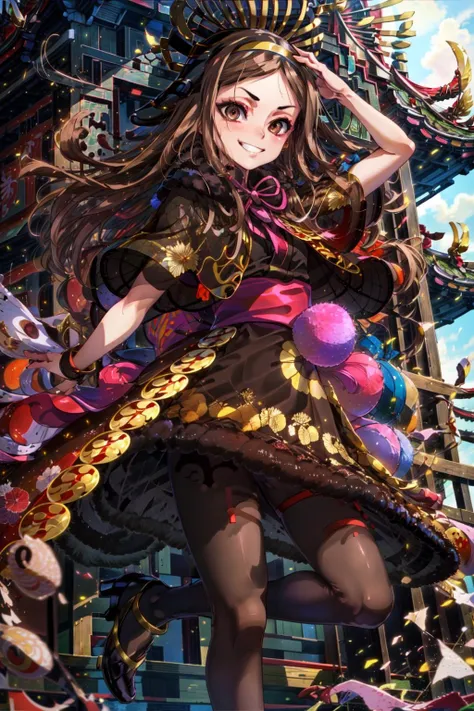 masterpiece,best quality,1girl,Chacha,long hair,brown hair,brown eyes,hairband,hat,capelet,fur trim,dress,black pantyhose,thighband pantyhose,panties under pantyhose,high heels,smirk,east asian architecture,<lora:chaca:0.7>,