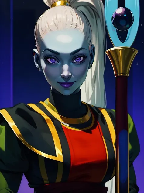 (absurdres, highres, ultra detailed:1.2), photorealistic, eye focus, 1girl, solo, Vados_DB, ponytail, blue skin, violet eyes, standing, smile, looking at viewer, holding staff in right hand, close up <lora:Vados_DB:0.8>