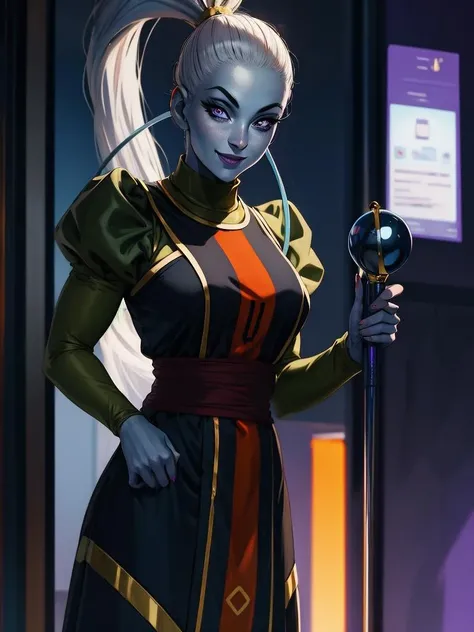 absurdres, highres, ultra detailed, photorealistic, eye focus, 1girl, solo, Vados_DB, ponytail, blue skin, violet eyes, standing, smile, looking at viewer, holding staff in right hand <lora:Vados_DB:0.7>