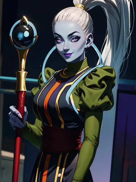(absurdres, highres, ultra detailed:1.2), photorealistic, eye focus, 1girl, solo, Vados_DB, ponytail, blue skin, violet eyes, standing, smile, looking at viewer, holding staff in right hand, close up <lora:Vados_DB:0.8>