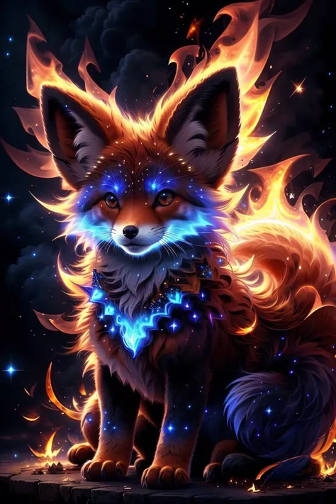 eldritchtech, cosmic, dark energy, <lora:CosmicEldritchTech:0.4>
BREAK <lora:fairy:0.5> fire fox
BREAK on fire, blue fire, <lora:on_fire:0.3>
BREAK fluffystyle, <lora:FluffyStyle:0.3>
BREAK angled view,
BREAK masterpiece, best quality, maxres, beautiful detail, 8k, picture-perfect