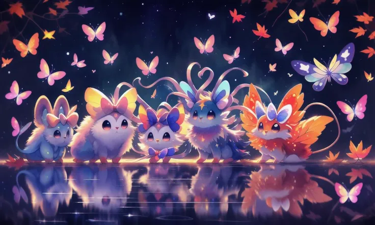many animals photograph of a moth creature on a leaf red neon parakeets fluffy rabbity fella, stuffed mouse in the sky starry night by chiho aoshima smoke midnight jagged spikes butterfly trees watercolor dark rainbows <lora:fairy:0.8> dreamlike lisa frank hamster wolf water reflection sylveon shinx warrior cats squish autumn trees
