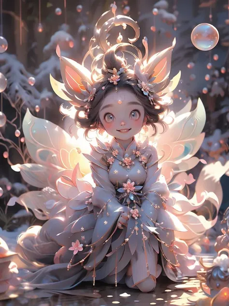<lora:fairy:0.7>, 1 girl, cute snow lotus fairy, 10 years old, pointy ears, kneeling, full of energy, smiling<lora:Guofeng blindbox_20230706102852:0.8>