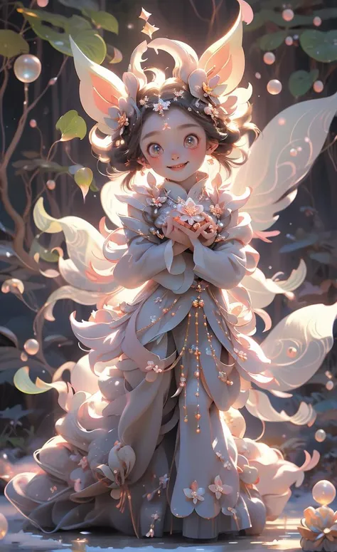 <lora:fairy:0.7>, 1 girl, cute snow lotus fairy, 10 years old, pointed ears, sitting sideways, full of energy, smiling<lora:Guofeng blindbox_20230706102852:0.8>