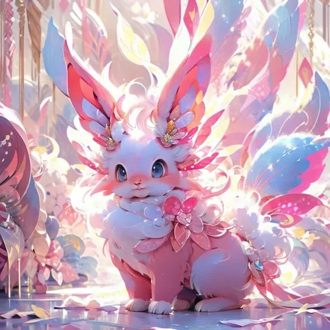 <lora:fairy:1>Cute pink rabbit fairy, full of vitality, simple background, white background