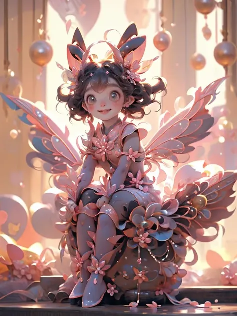 <lora:fairy:0.7>, 1 girl, cute Peppa Pig fairy, 10 years old, pointy ears, sitting sideways, full of energy, smiling<lora:Guofeng blindbox_20230706102852:0.8>