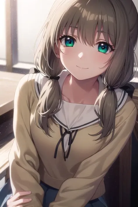 sarasoujushirogane, <lora:sara souju shirogane s1-lora-nochekaiser:1>,
sara souju shirogane, long hair, ribbon, brown hair, (green eyes:1.3), ahoge, twintails, low twintails, hair ribbon, smile,
BREAK skirt, long sleeves, school uniform, serafuku,
BREAK indoors, classroom,
BREAK looking at viewer, (cowboy shot:1.5)
BREAK <lyco:GoodHands-beta2:1>, (masterpiece:1.2), best quality, high resolution, unity 8k wallpaper, (illustration:0.8), (beautiful detailed eyes:1.6), extremely detailed face, perfect lighting, extremely detailed CG, (perfect hands, perfect anatomy),